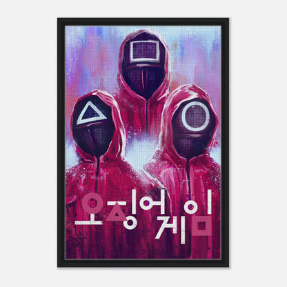 Framed canvas print of Squid Game's masked guards in red uniforms with geometric symbols, perfect for fans and collectors.