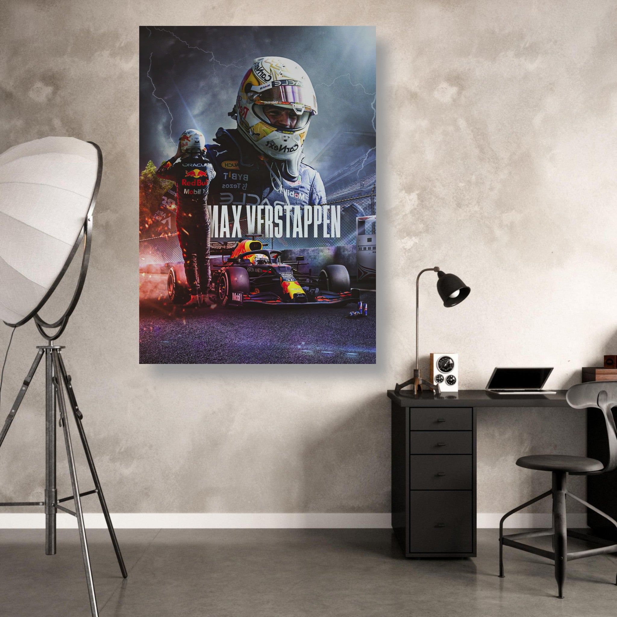 Max Verstappen Red Bull Racing metal print displayed in a modern office setting, showcasing vibrant artwork and sleek design.