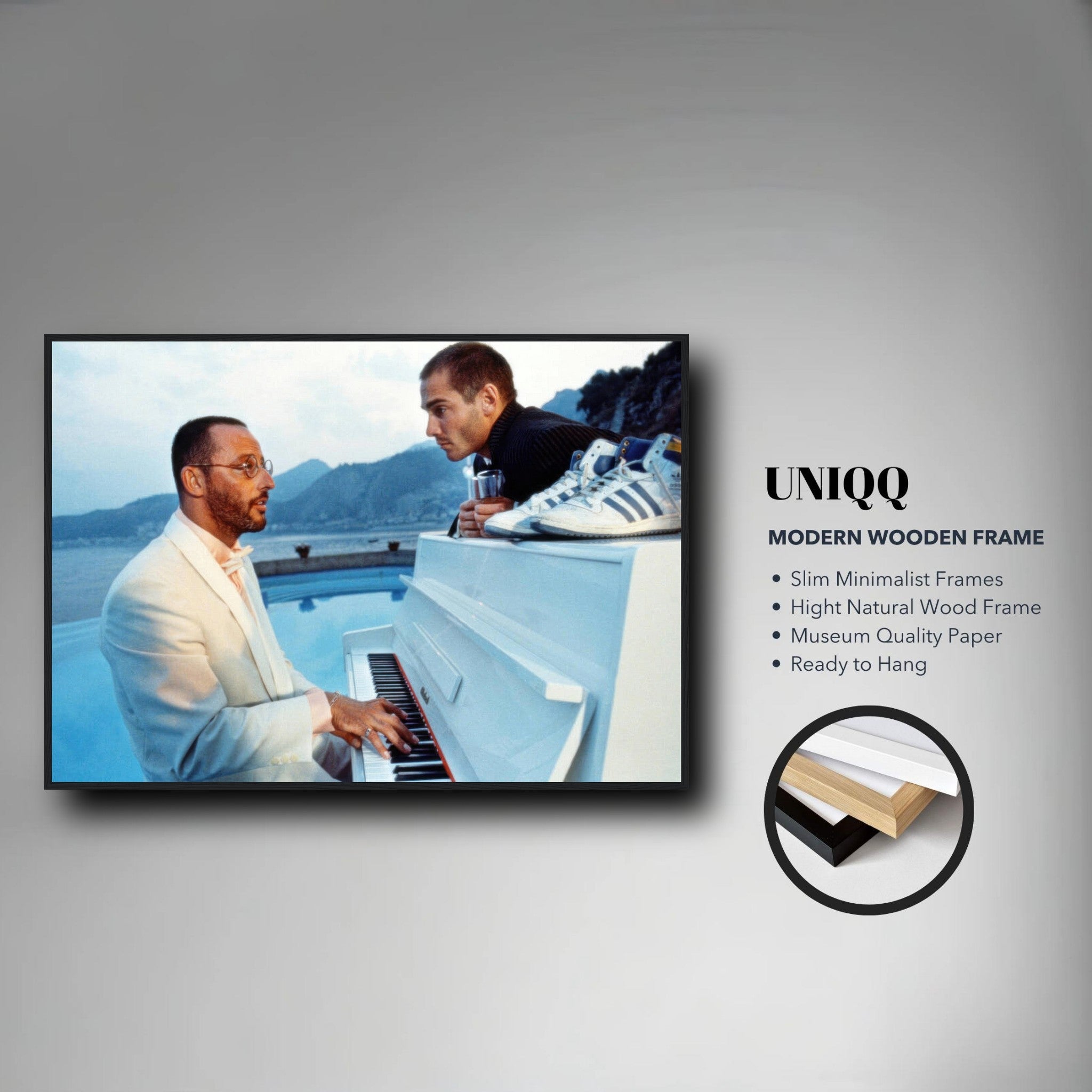 Jean Reno Piano Framed Print featuring a scene from "The Big Blue" with serene ocean backdrop and minimalist frame.