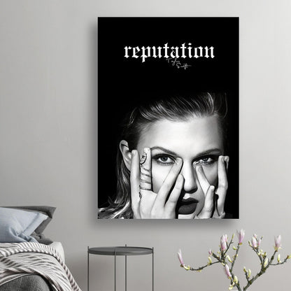 Taylor Swift Reputation poster featuring a black-and-white portrait with edgy typography, perfect for music fans' decor.