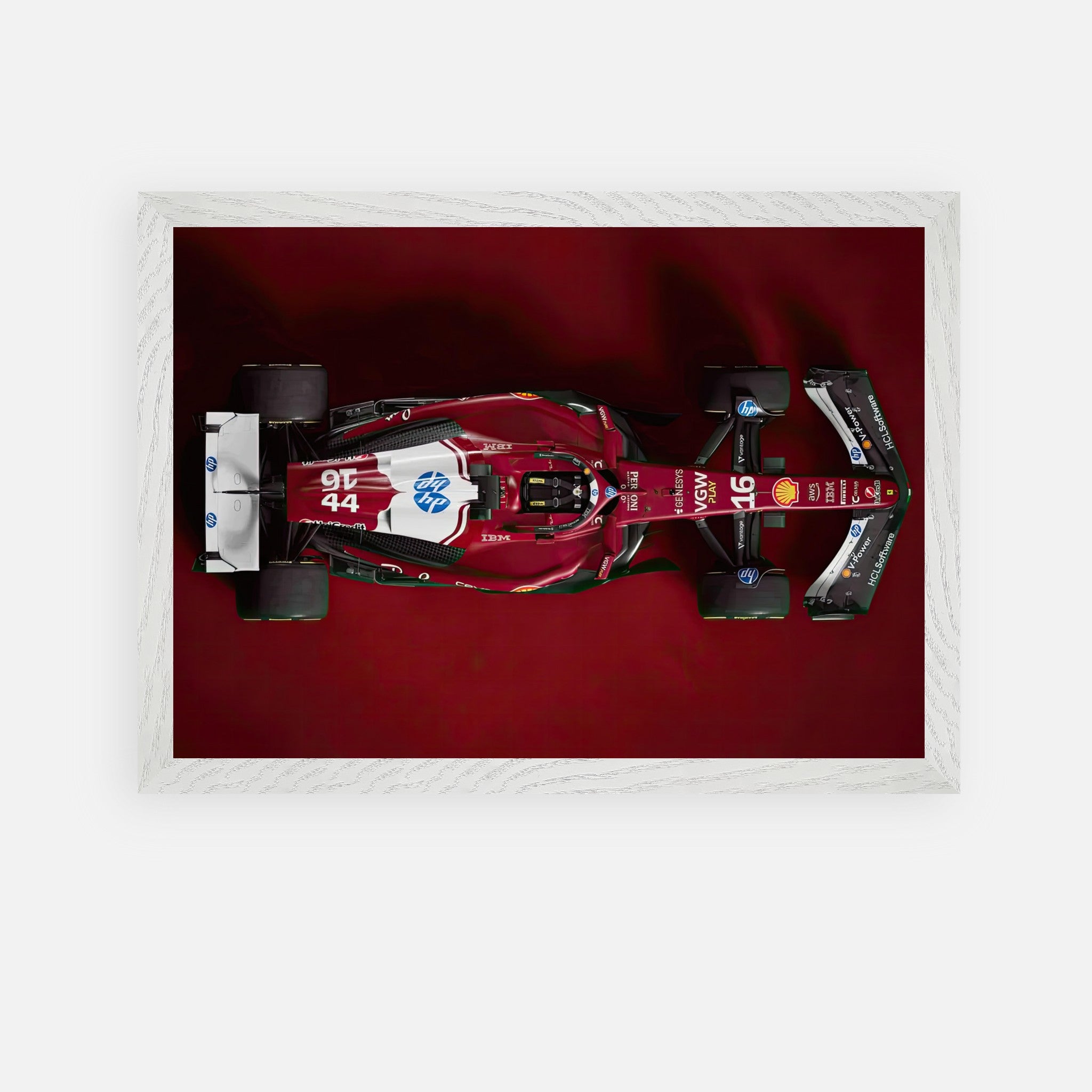 Ferrari F1 2025 Vintage Framed Art showcasing a sleek red racing car on a deep red background.
