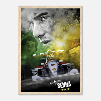 Ayrton Senna framed print featuring iconic imagery and vivid colors celebrating the legendary F1 driver.