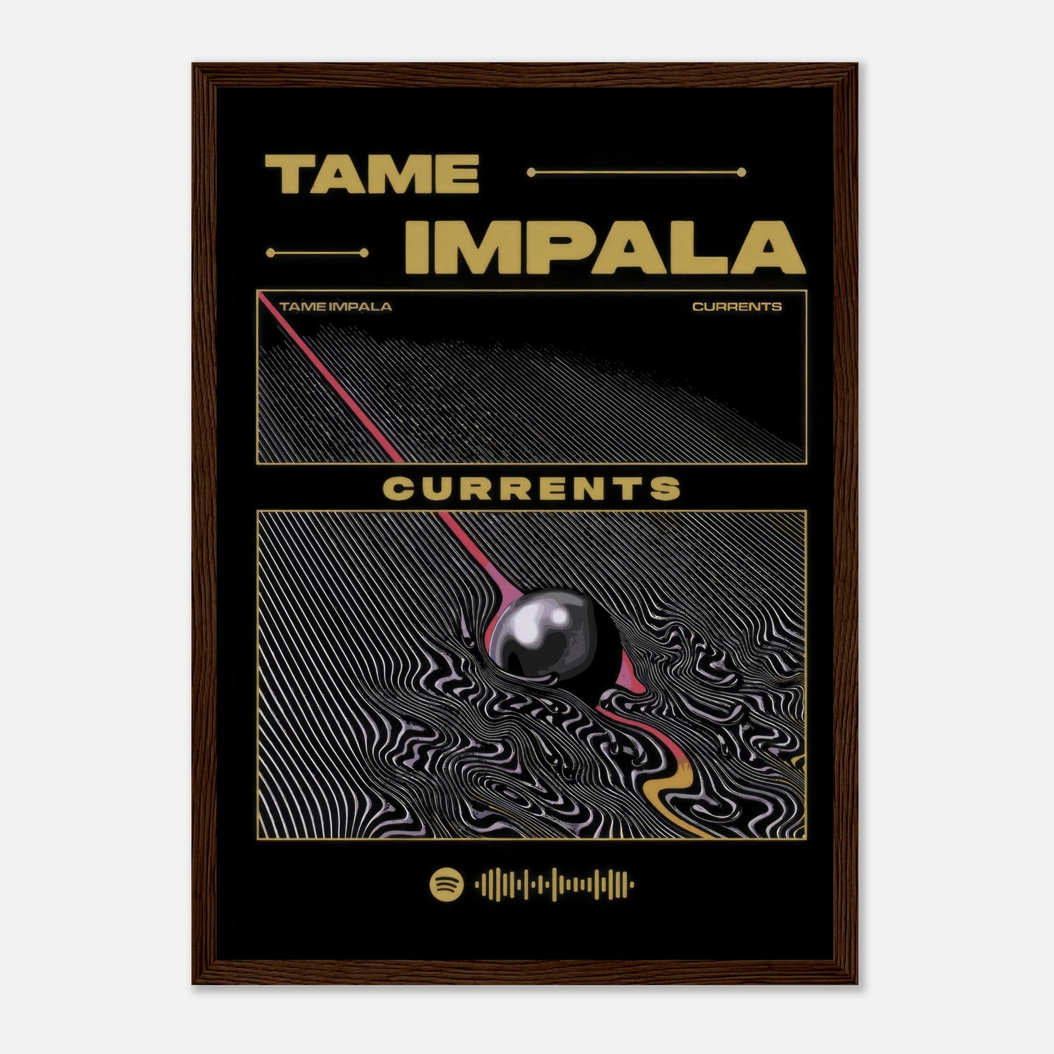 Tame Impala Currents framed poster featuring vibrant psychedelic artwork and bold typography. Perfect for music lovers.