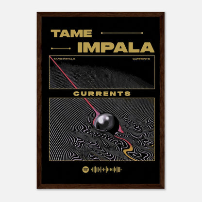 Tame Impala Currents framed poster featuring vibrant psychedelic artwork and bold typography. Perfect for music lovers.