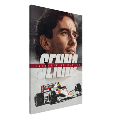 Ayrton Senna canvas art featuring his iconic portrait and race car, honoring the legacy of a Formula 1 legend.