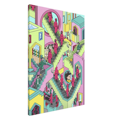 Squid Game Stairs canvas artwork with colorful, surreal staircase scene featuring characters and intricate details.