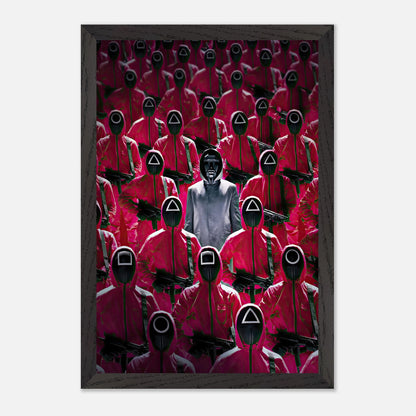 Squid Game Guards fine art print featuring iconic pink uniforms and the Front Man in a vibrant, detailed artwork.