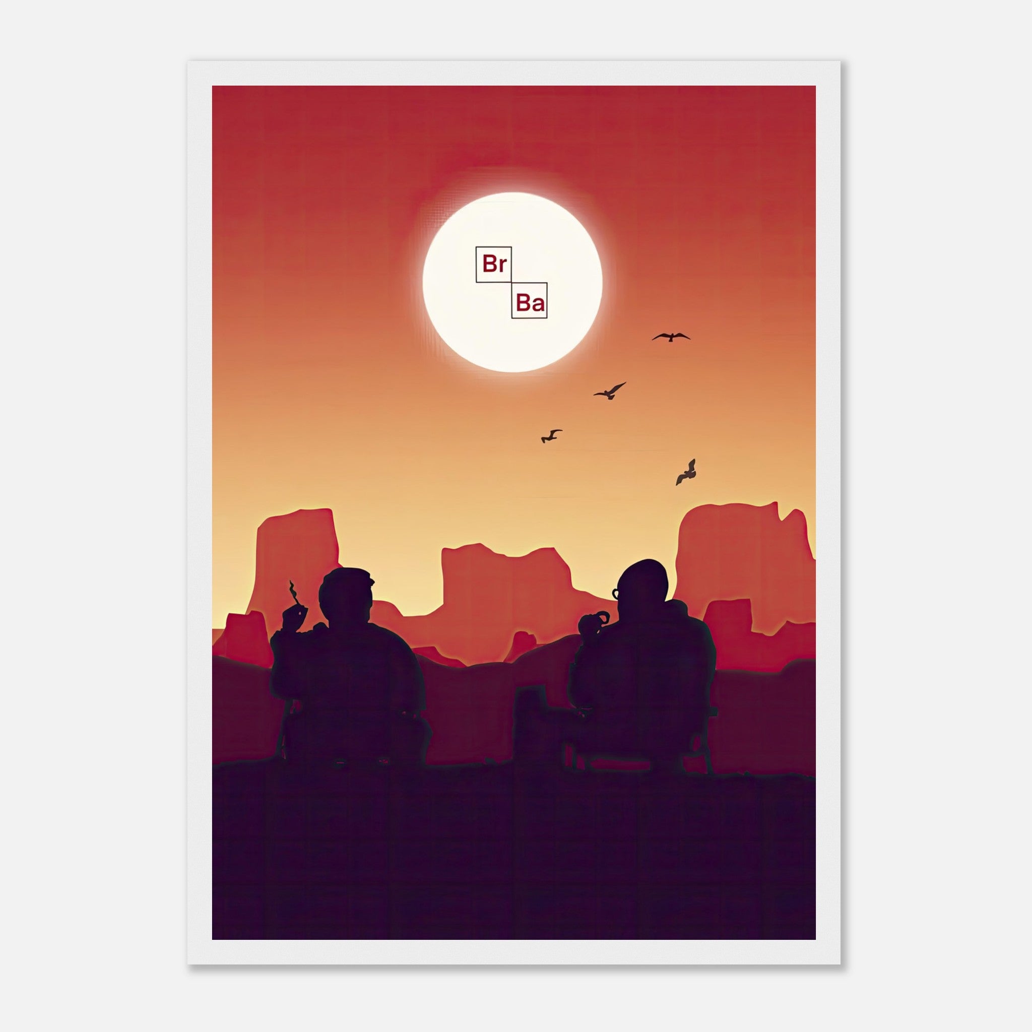 Framed poster of Walt and Jesse under a sunset, inspired by Breaking Bad, with desert silhouettes and iconic logo.