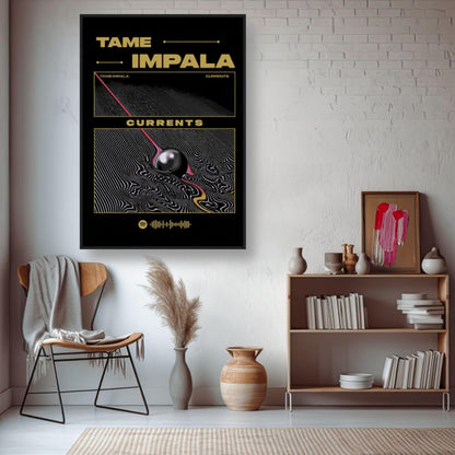 Tame Impala Currents framed poster displayed in a stylish living room setting, highlighting vibrant psychedelic artwork.