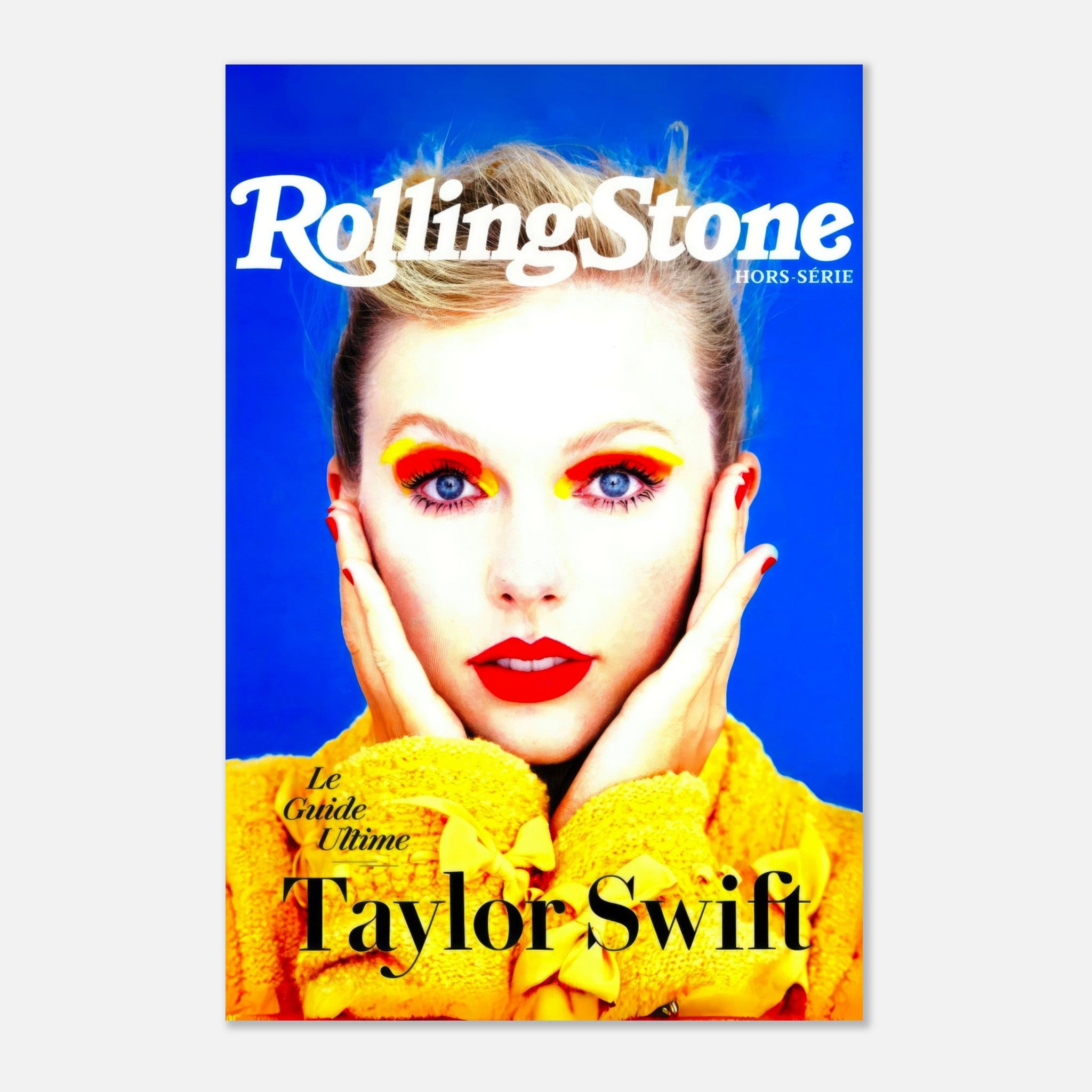 Taylor Swift Rolling Stone Magazine cover featuring bold colors and striking makeup on a metal print.