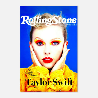 Taylor Swift Rolling Stone Magazine cover featuring bold colors and striking makeup on a metal print.