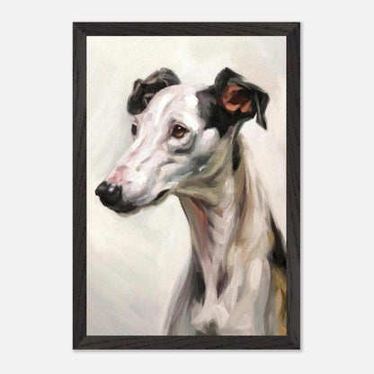 Greyhound dog painting in fine art style, showcasing elegance and soulful expression in muted colors.