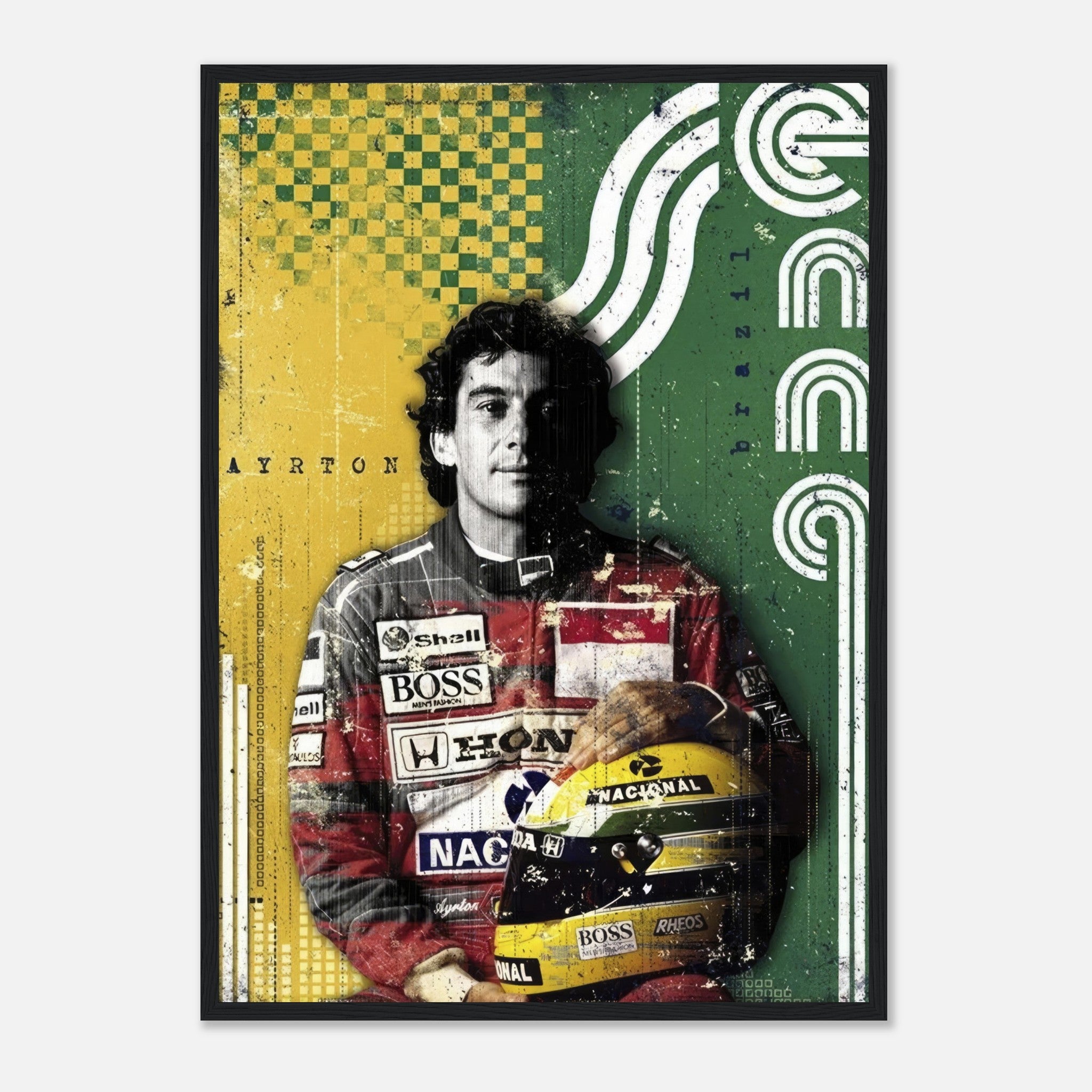 Ayrton Senna framed print showcasing the F1 legend in vibrant colors inspired by the Brazilian flag, perfect for racing fans.