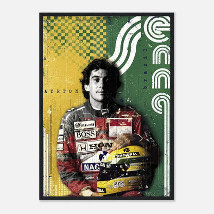 Ayrton Senna framed print showcasing the F1 legend in vibrant colors inspired by the Brazilian flag, perfect for racing fans.