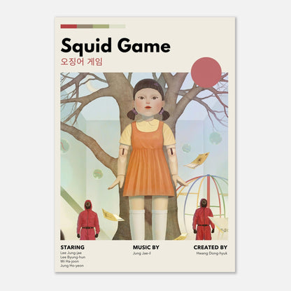 Vintage Squid Game poster featuring the iconic Red Light, Green Light doll in a retro design with muted tones.