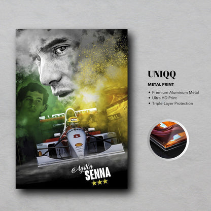 Ayrton Senna metal print featuring a high-definition design on aluminum, perfect for F1 fans and wall decor.