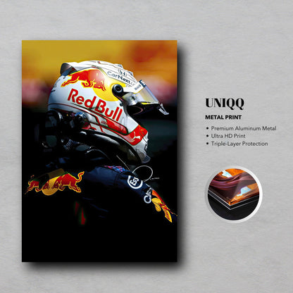 Max Verstappen metal print featuring Red Bull Racing, showcasing vibrant colors and durable aluminum design.