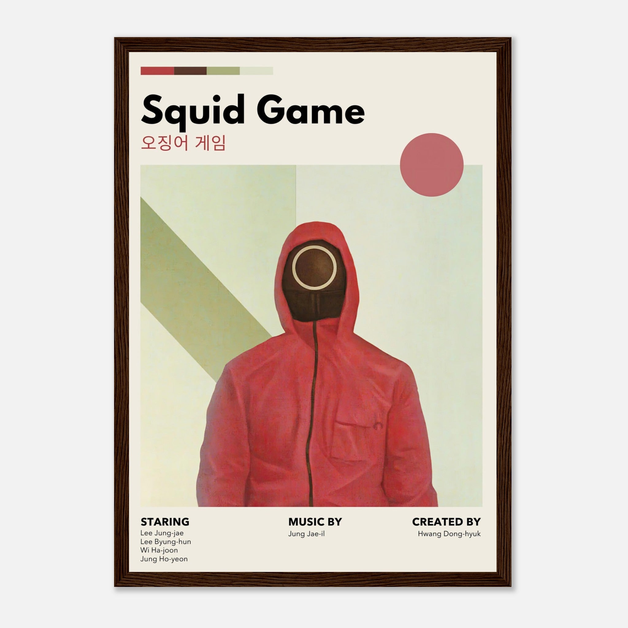 Vintage Squid Game framed print featuring a red-hooded figure and retro design, perfect for fans and collectors.