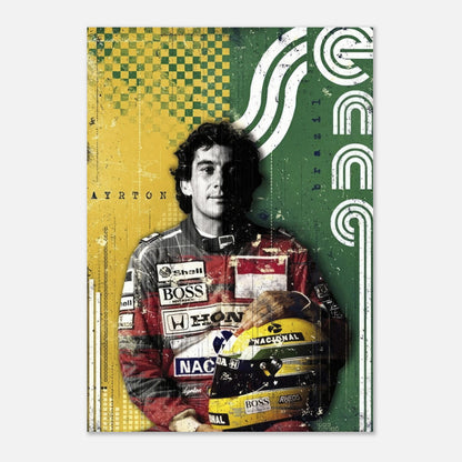 Ayrton Senna F1 Legend poster featuring vibrant colors and detailed artwork celebrating the iconic racer.