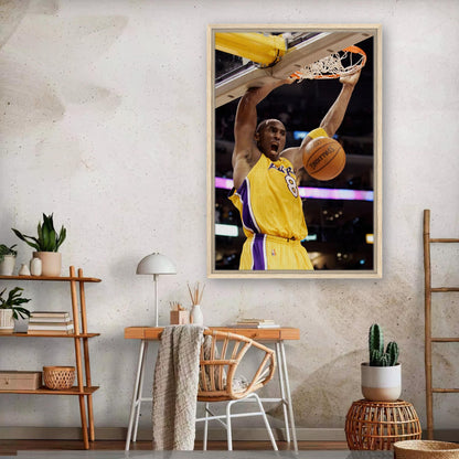 Kobe Bryant framed canvas print showcasing his iconic slam dunk in a vibrant home setting.