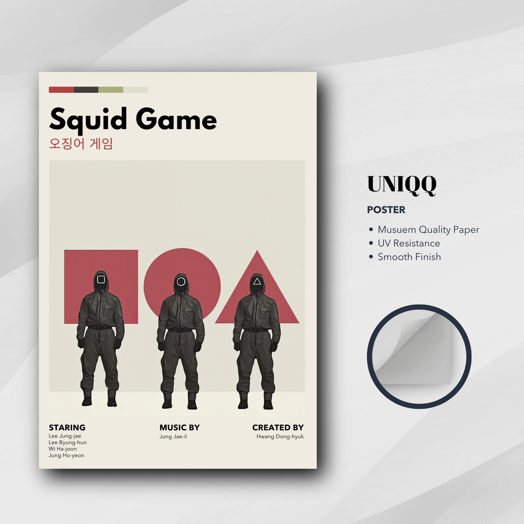 Squid Game Vintage poster featuring iconic guards in minimalist design on museum quality paper with UV resistance.