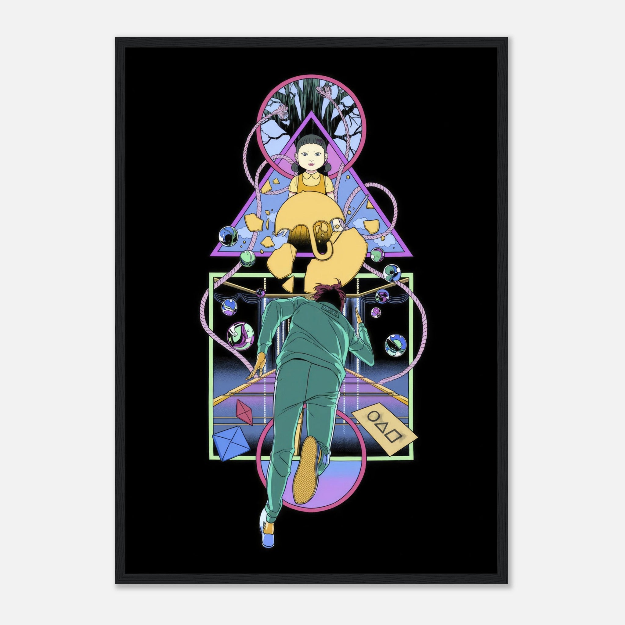 Framed print of Doll from Squid Game, featuring a player in distress against a vibrant geometric background.