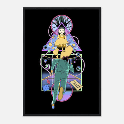 Framed print of Doll from Squid Game, featuring a player in distress against a vibrant geometric background.