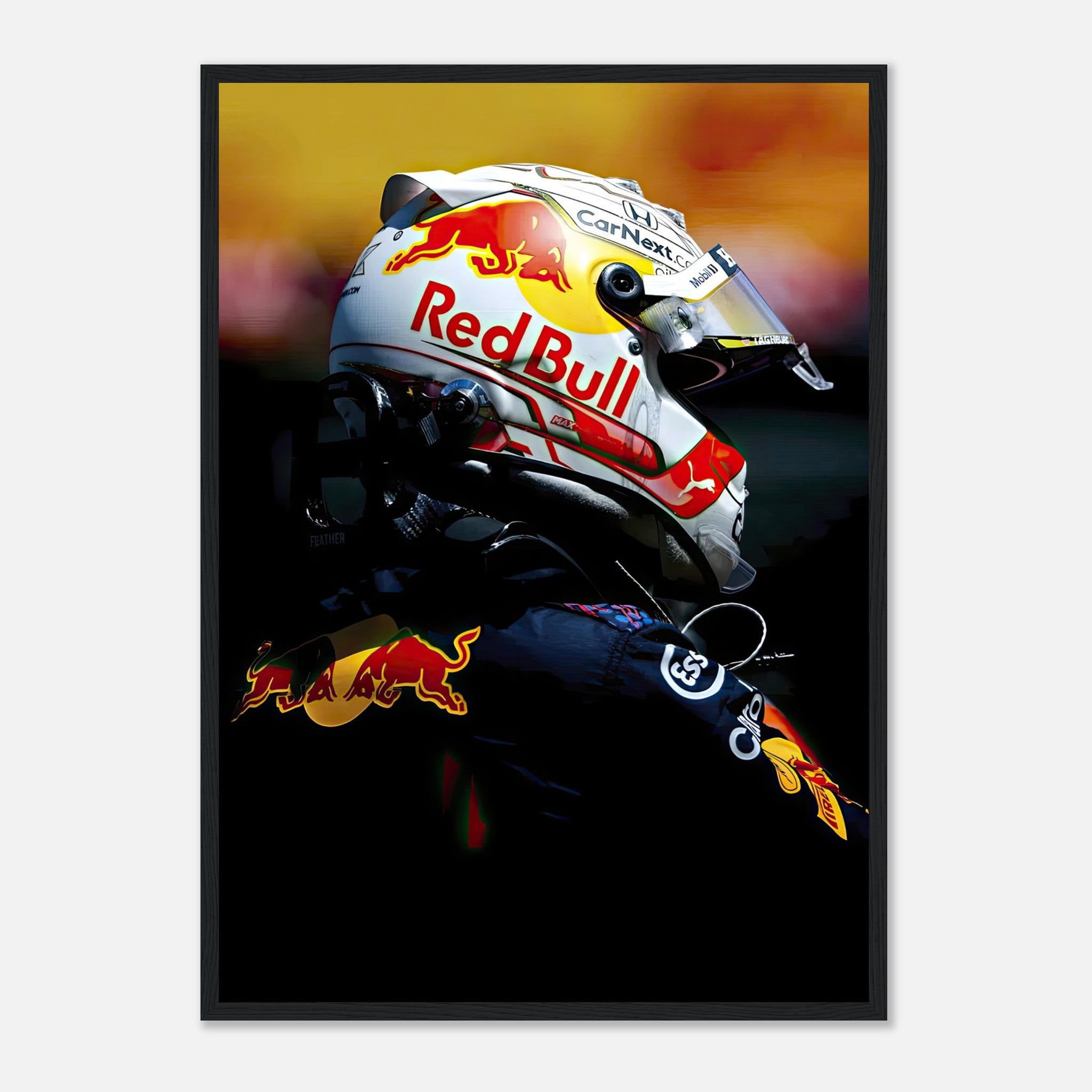 Framed print of Max Verstappen in Red Bull racing helmet, showcasing vibrant colors and sharp details, perfect for any room decor.