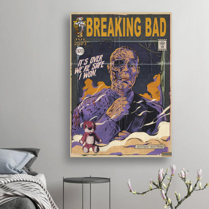 Vintage Gustavo Fring poster from Breaking Bad, featuring bold comic-book style and vivid colors, perfect for fans.