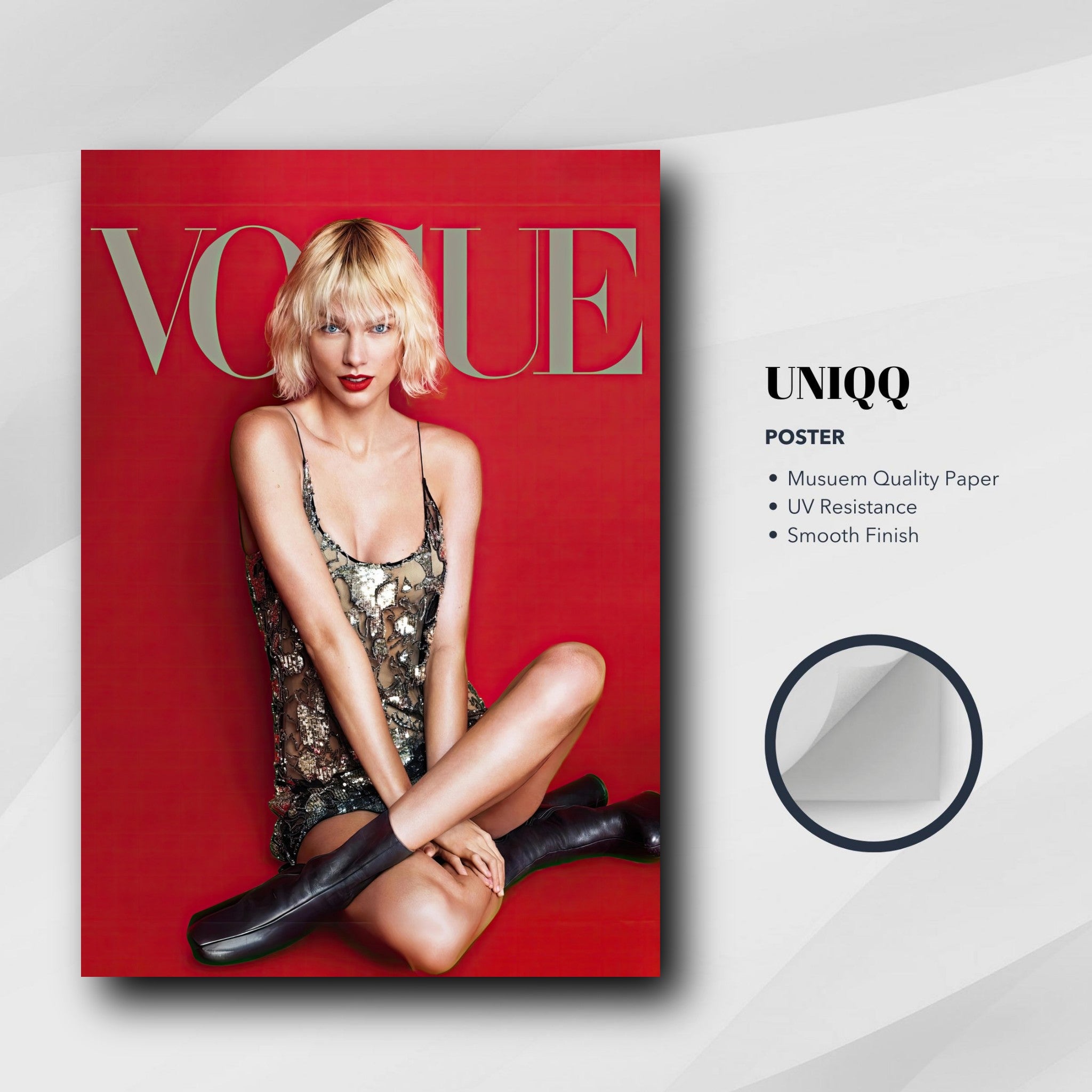 Taylor Swift Vogue poster featuring her stylish look on a vibrant red background, ideal for fans and fashion lovers.