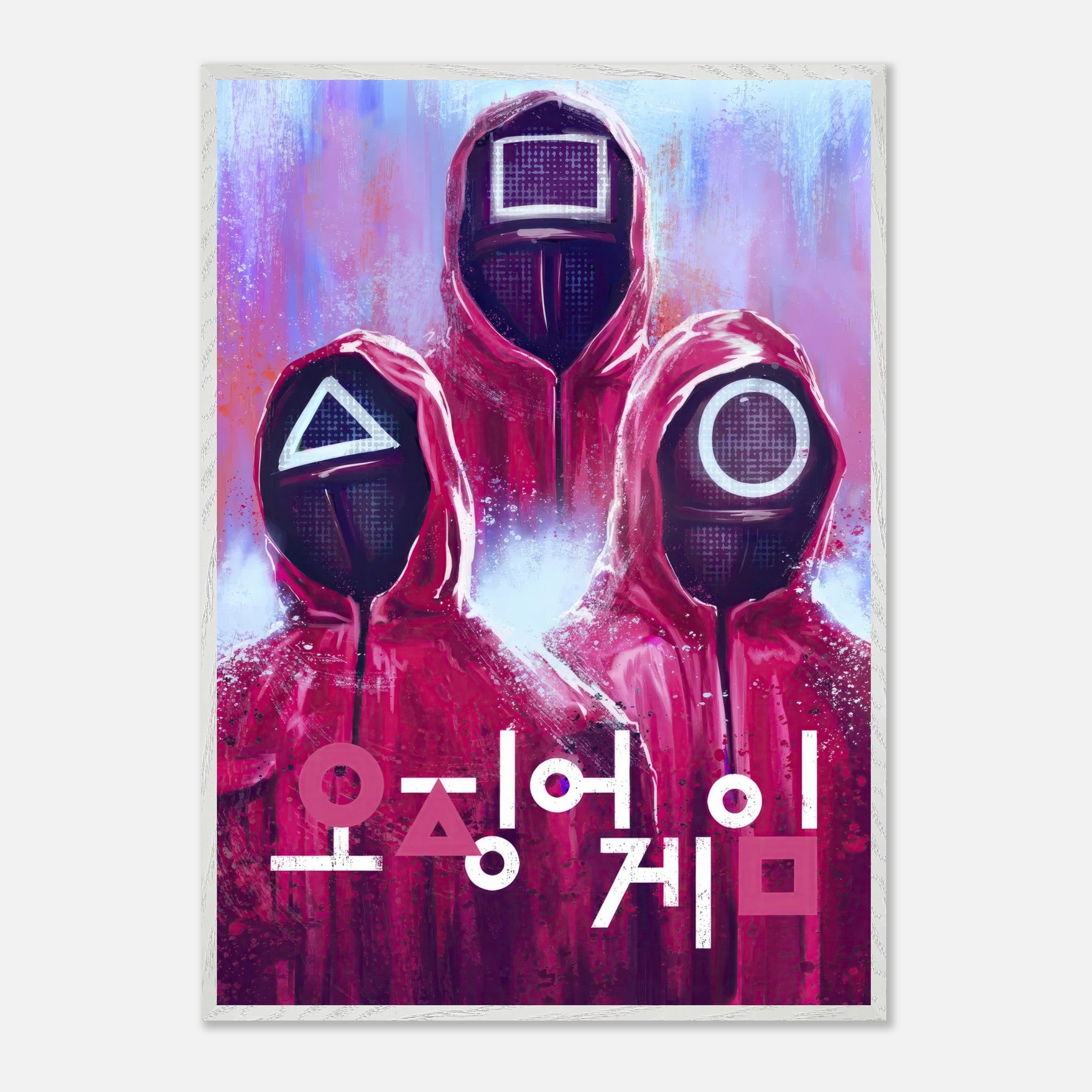 Squid Game fine art print featuring iconic red guards with geometric masks against a vibrant backdrop.