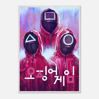 Squid Game fine art print featuring iconic red guards with geometric masks against a vibrant backdrop.