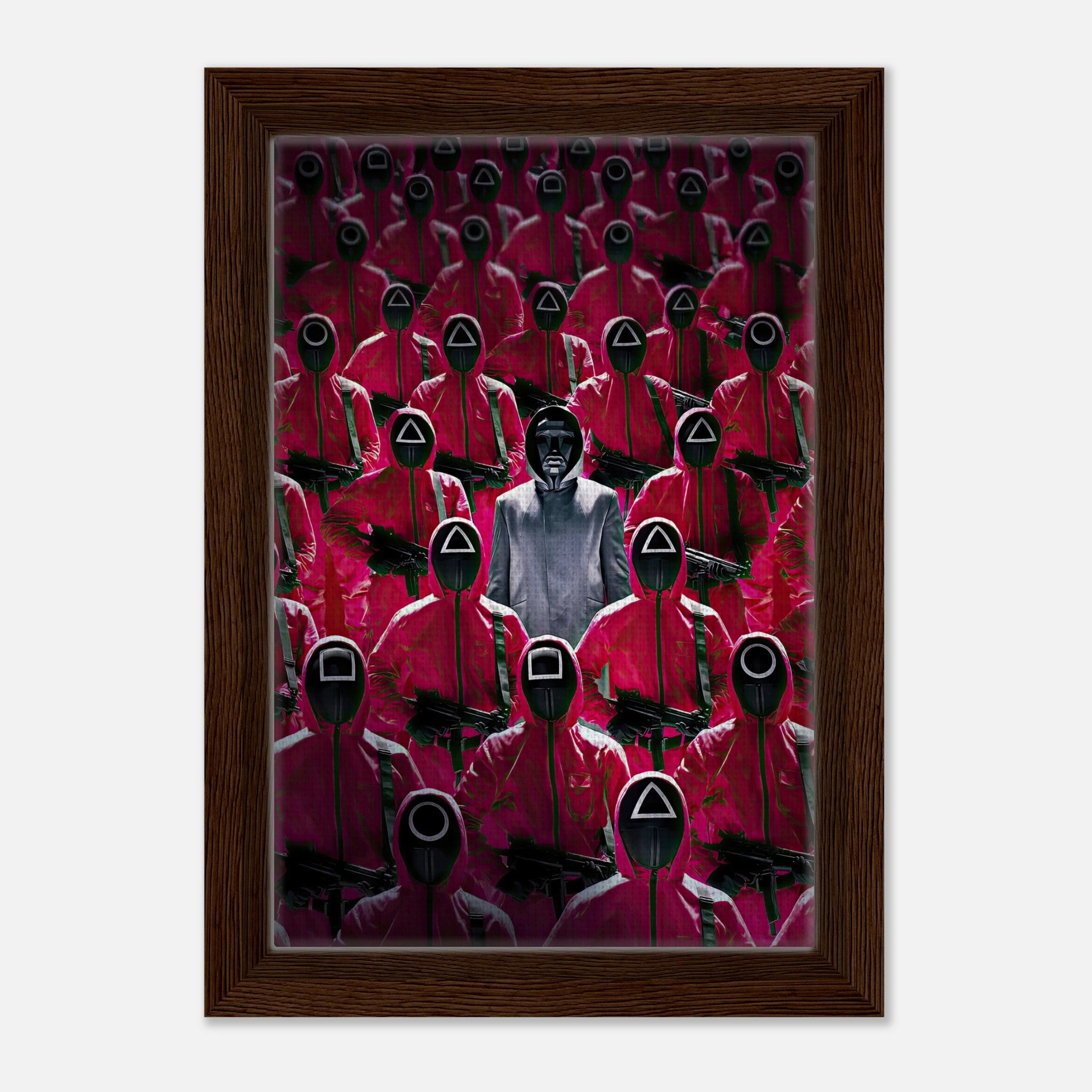 Framed canvas print of Squid Game guards in red uniforms with iconic masks, capturing suspense and intensity.