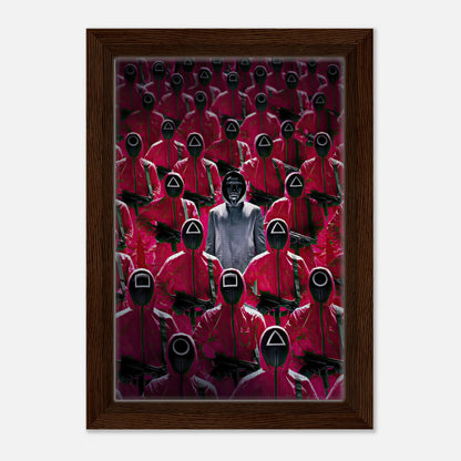 Framed canvas print of Squid Game guards in red uniforms with iconic masks, capturing suspense and intensity.