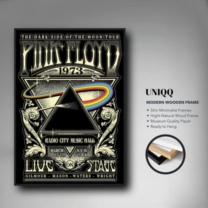 Pink Floyd Dark Side of the Moon framed print, 1973 Radio City Music Hall tour poster design with prism graphic.