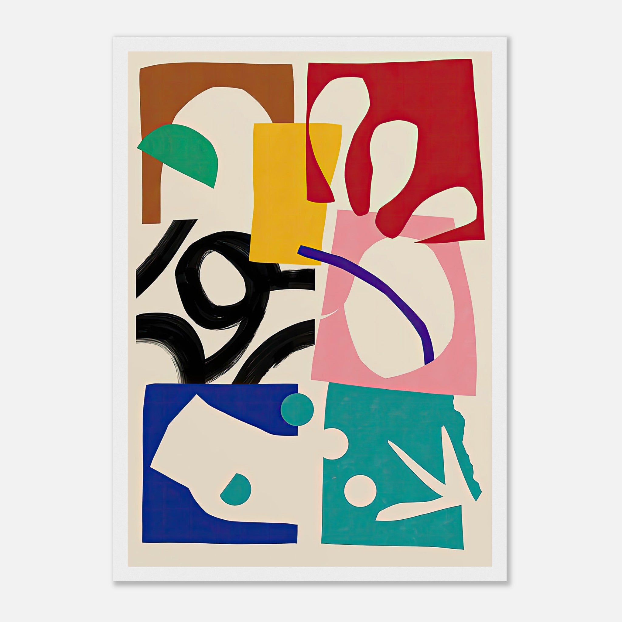 Abstract Harmony Framed Print featuring vibrant geometric and organic shapes in bold colors.