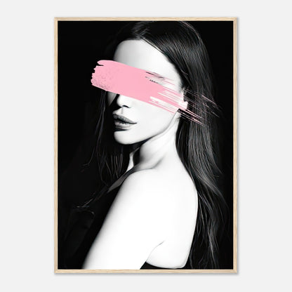 Pink Blindness framed print featuring a monochromatic portrait with a vibrant pink brushstroke, ideal for modern decor.