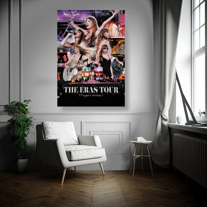 Taylor Swift Eras Tour Poster displayed in a stylish living room, showcasing vibrant performances and memories from her musical journey.