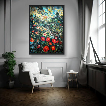 Colorful abstract floral landscape painting framed print in a modern living room with stylish decor.