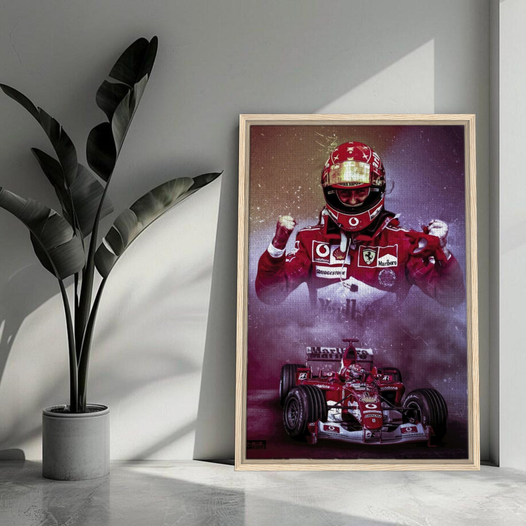 Framed canvas print of Michael Schumacher celebrating victory in his Ferrari, showcasing vibrant colors and motorsport elegance.