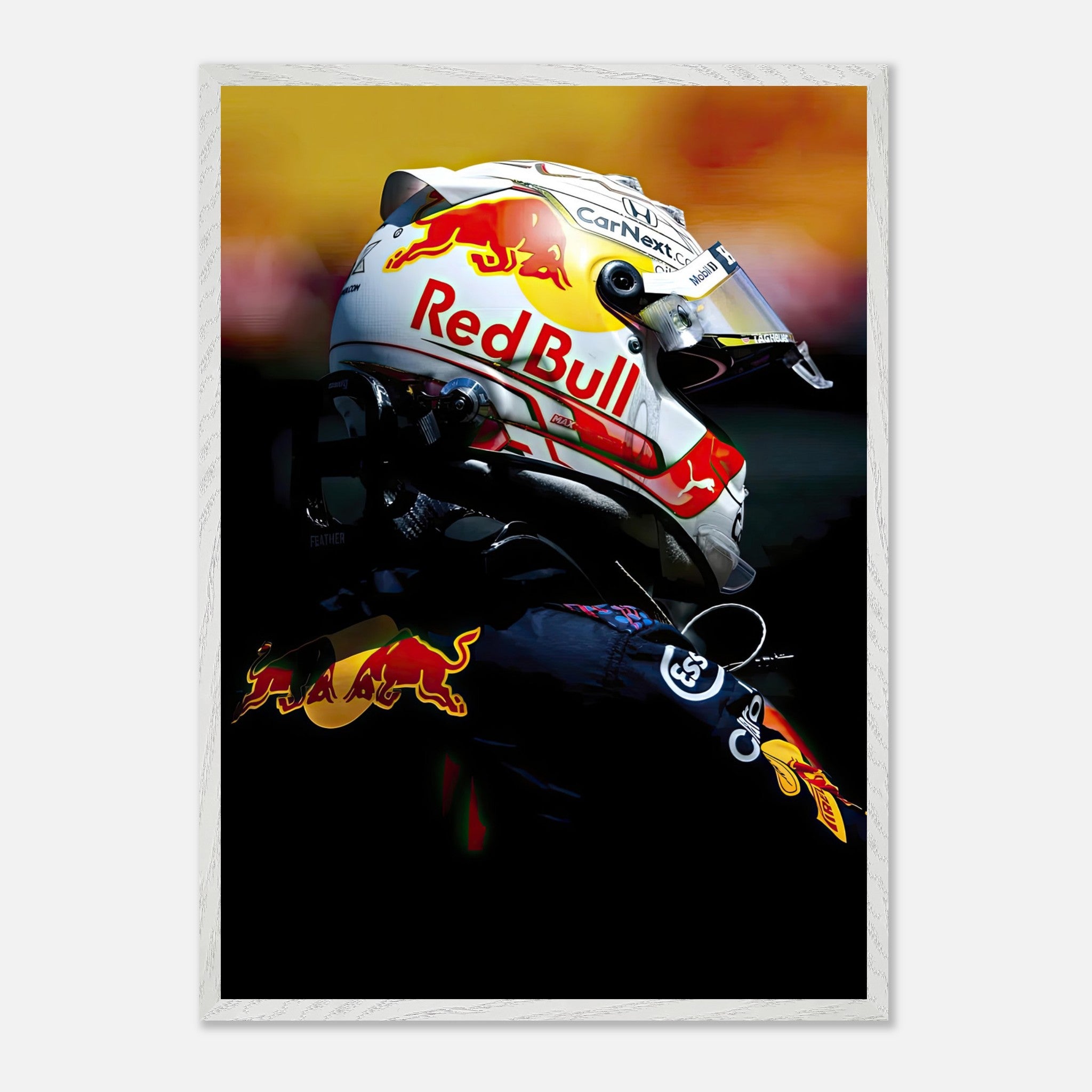 Max Verstappen fine art print featuring Red Bull helmet, showcasing vibrant colors and sharp imagery for racing enthusiasts.