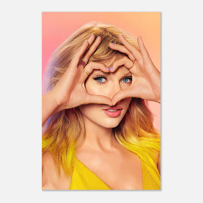 Taylor Swift making a heart shape with her hands, showcasing vibrant colors in a stunning metal print.