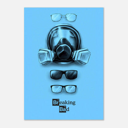 Minimalist "Chemistry of Masks" poster inspired by Breaking Bad, featuring a gas mask and eyewear on a blue background.