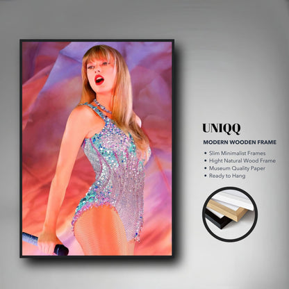 Taylor Swift The Eras Tour framed print featuring vibrant performance image, modern wooden frame, ready to hang.