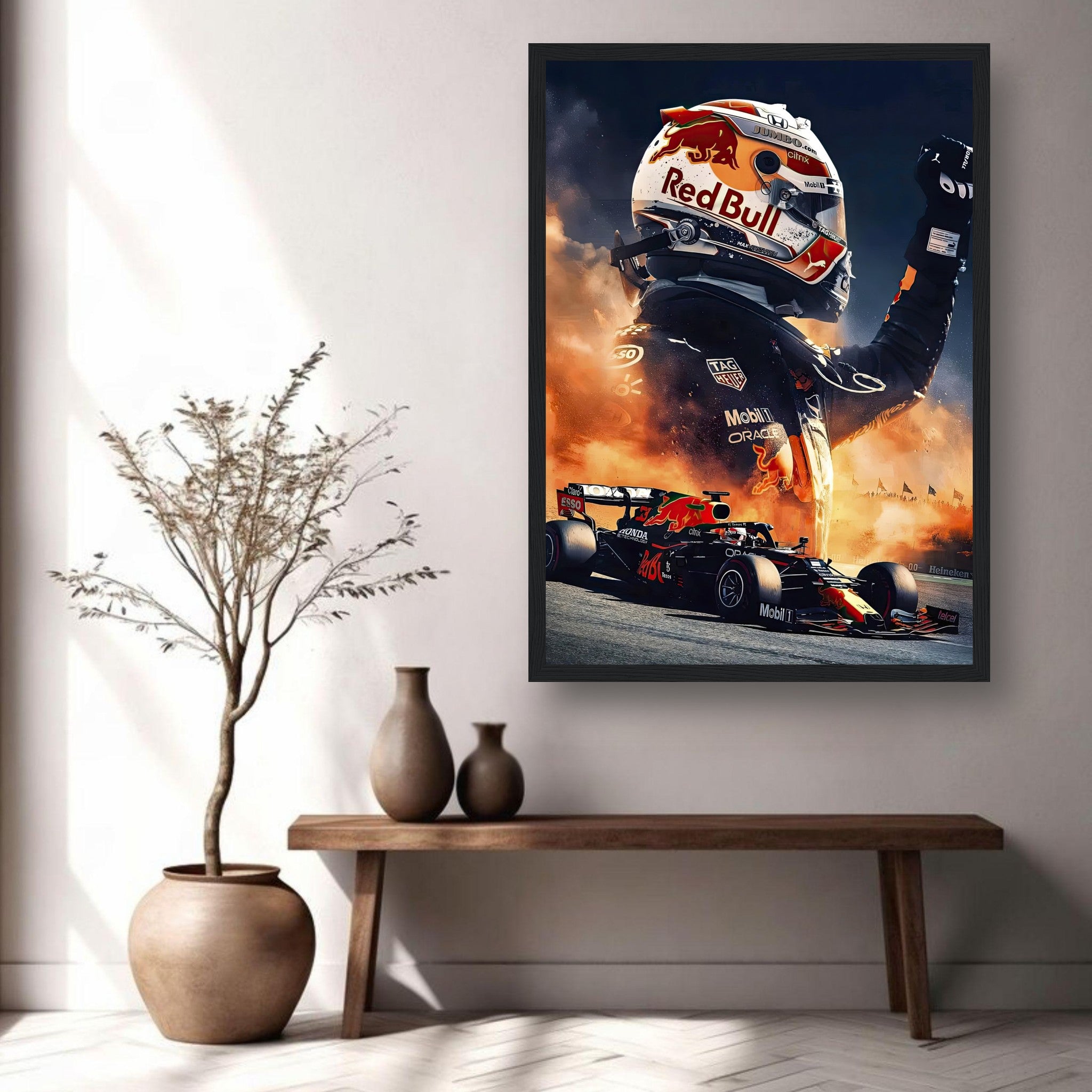 Max Verstappen Red Bull framed print showcasing dynamic racing imagery and bold colors, perfect for Formula 1 fans.