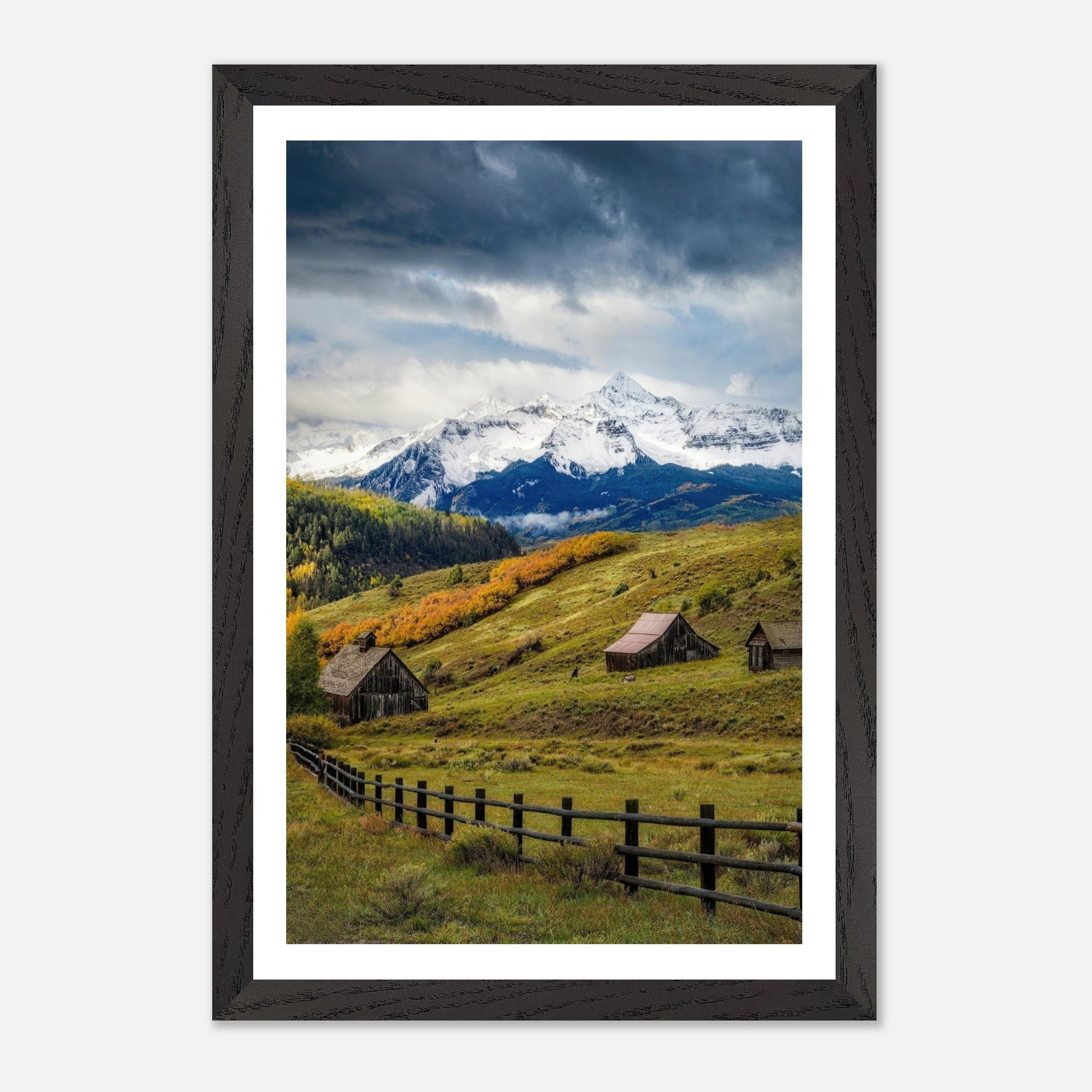 Framed Giclée fine art of Telluride, Colorado with rustic barns and snow-capped peaks in a stunning landscape.