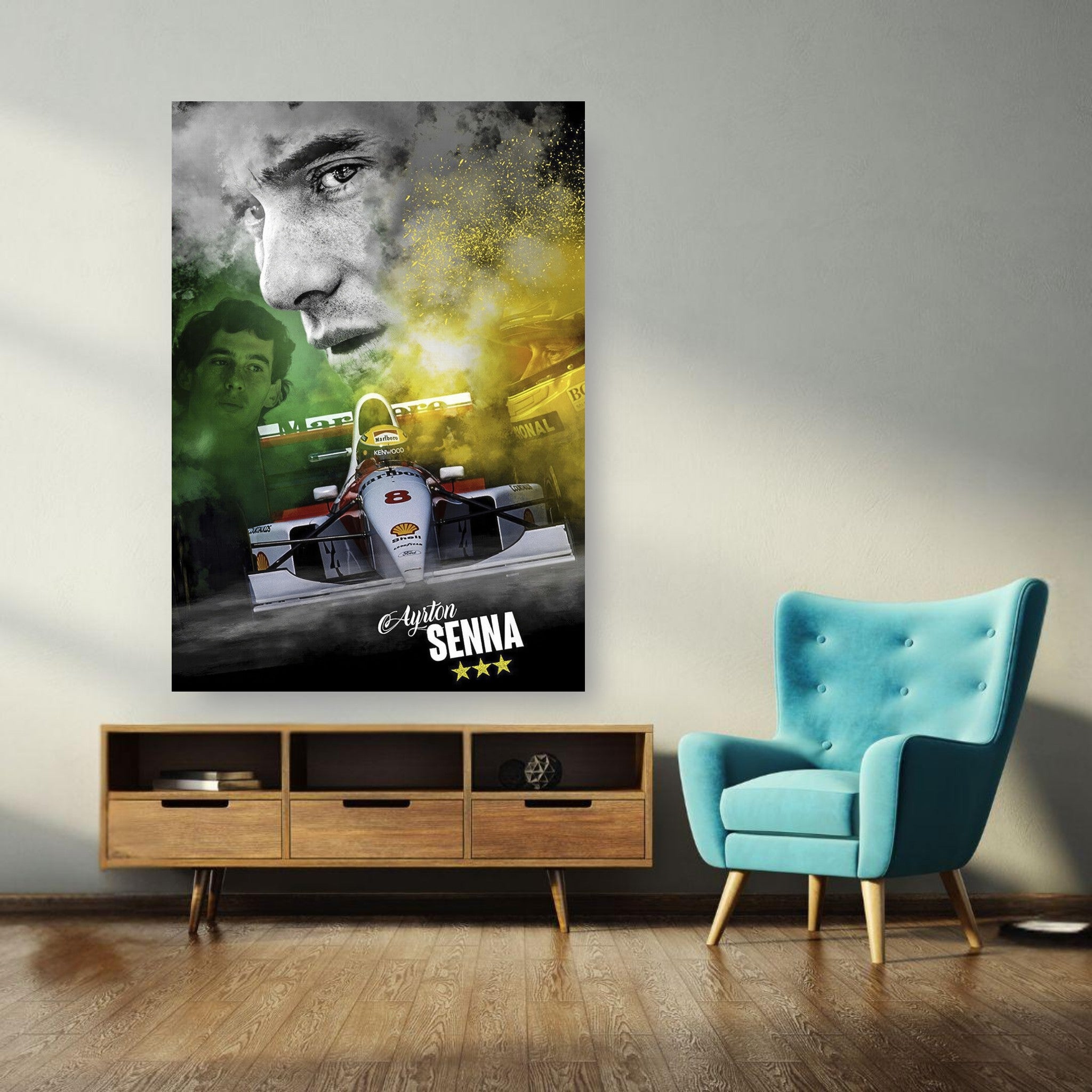 Ayrton Senna F1 poster featuring vibrant design, perfect for fans and wall decor in a stylish living space.