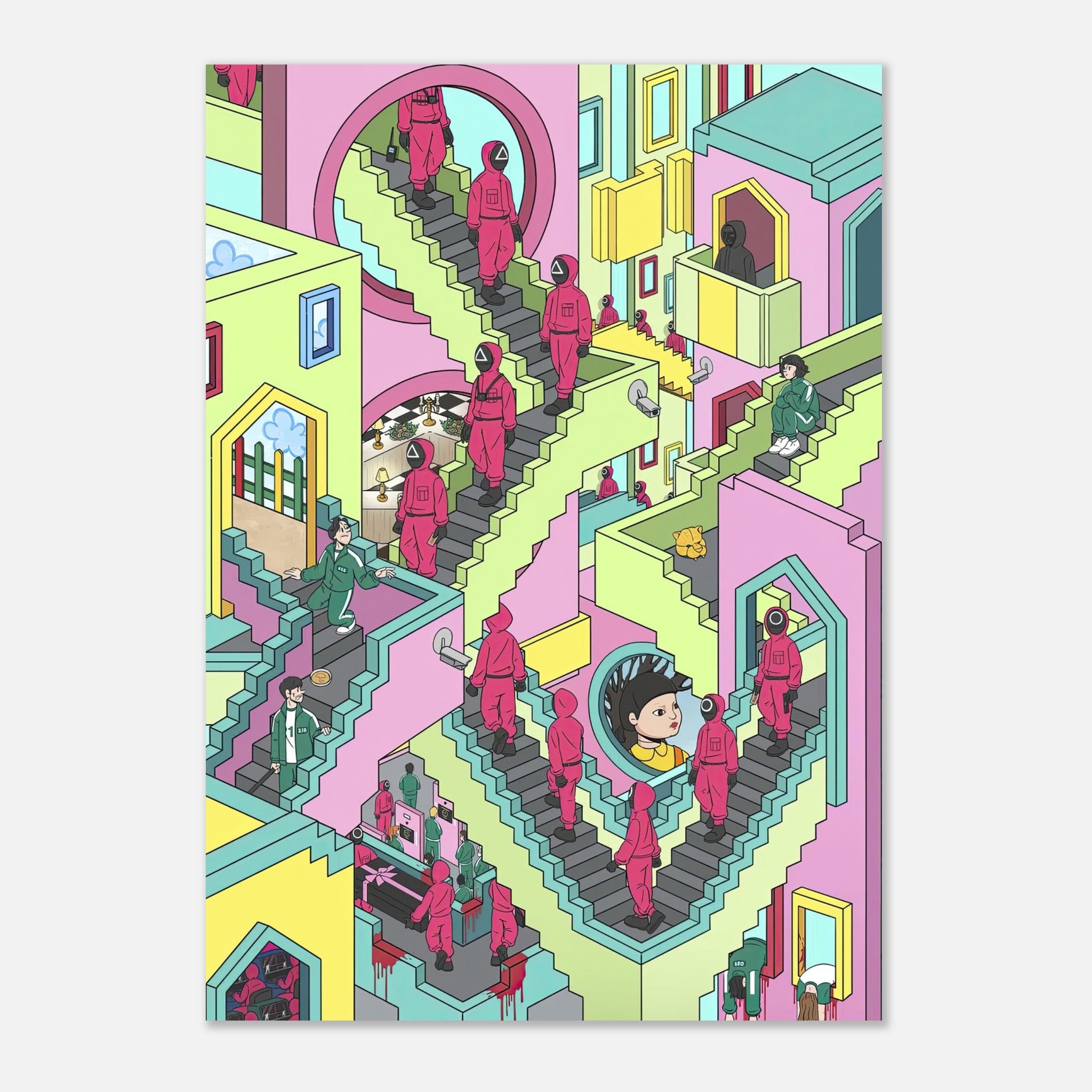 Squid Game Stairs poster featuring vibrant colors and intricate design inspired by the iconic staircase scene.