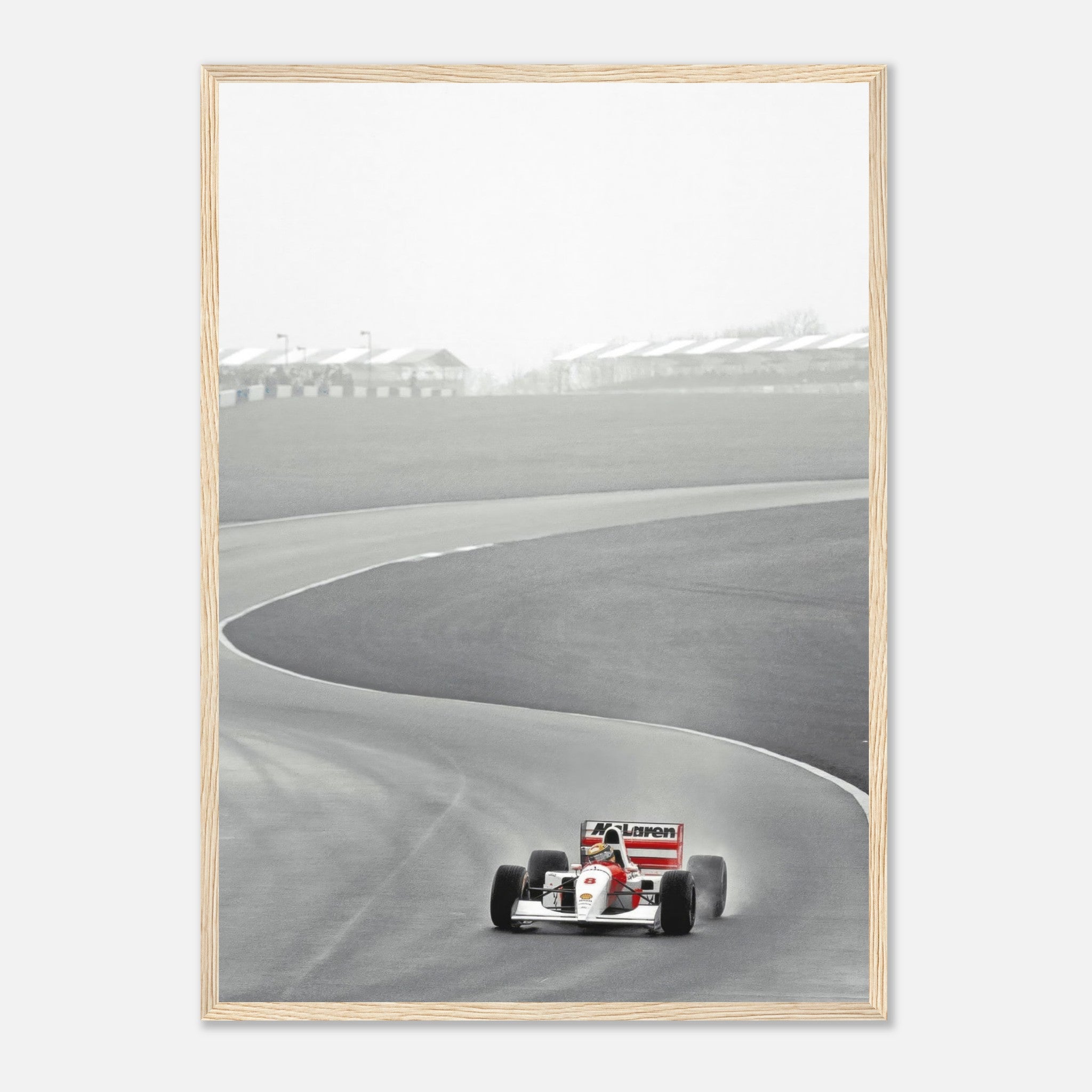 1988 Ayrton Senna McLaren MP4/4 racing framed print in black and white, capturing Formula 1 history on the track.