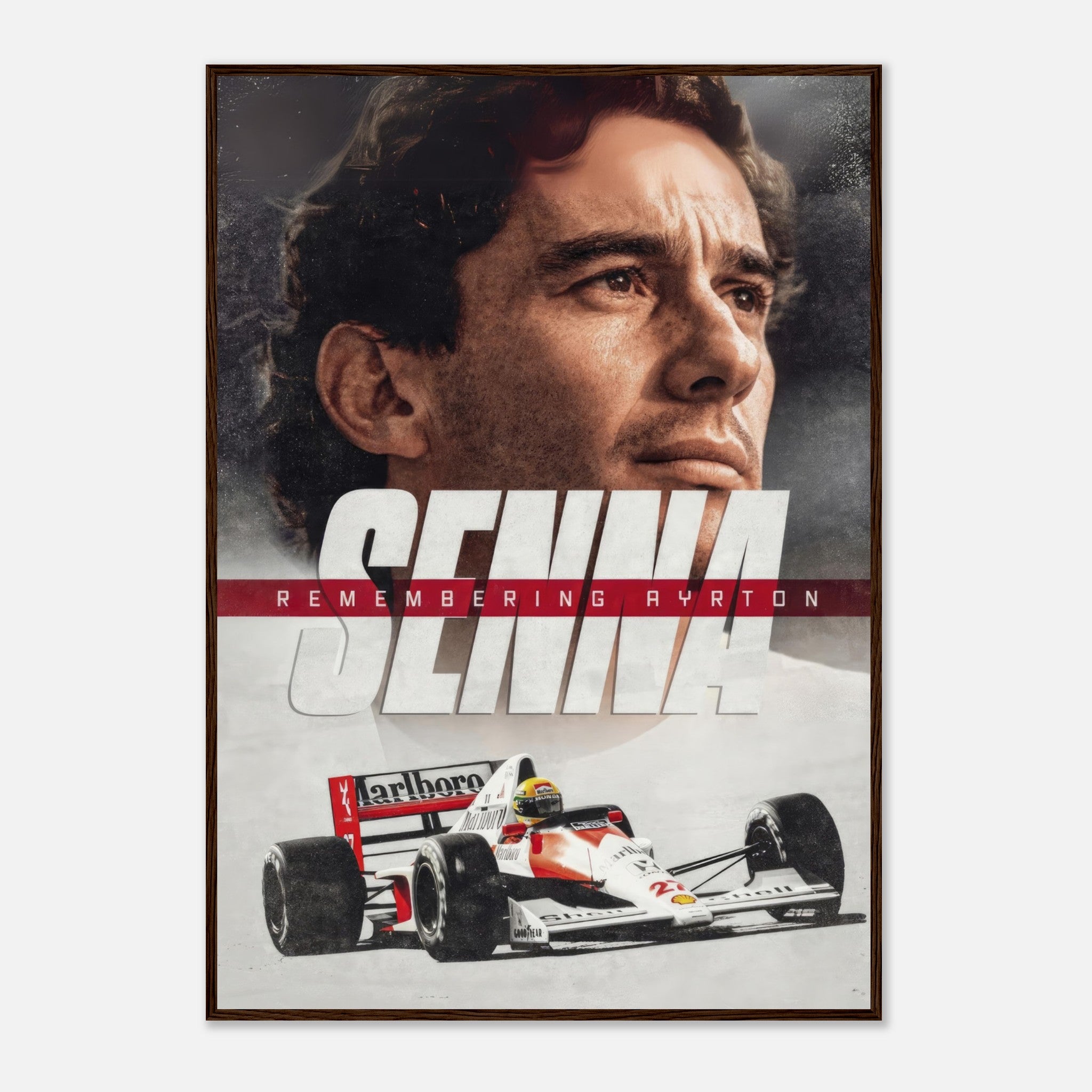 Ayrton Senna framed print featuring his portrait and iconic race car, celebrating the legacy of a Formula 1 legend.